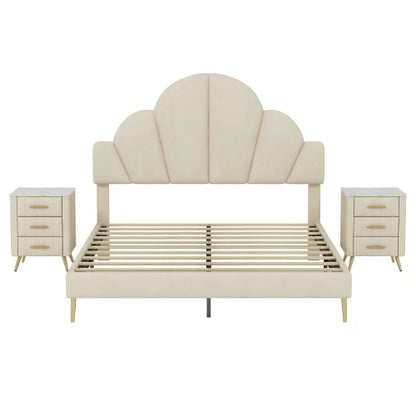 3 Piece Bedroom Set, Queen Size Modern Velvet Upholstered Bed Frame with Petal Shape Headboard, 3 Drawers Nightstands, Beige