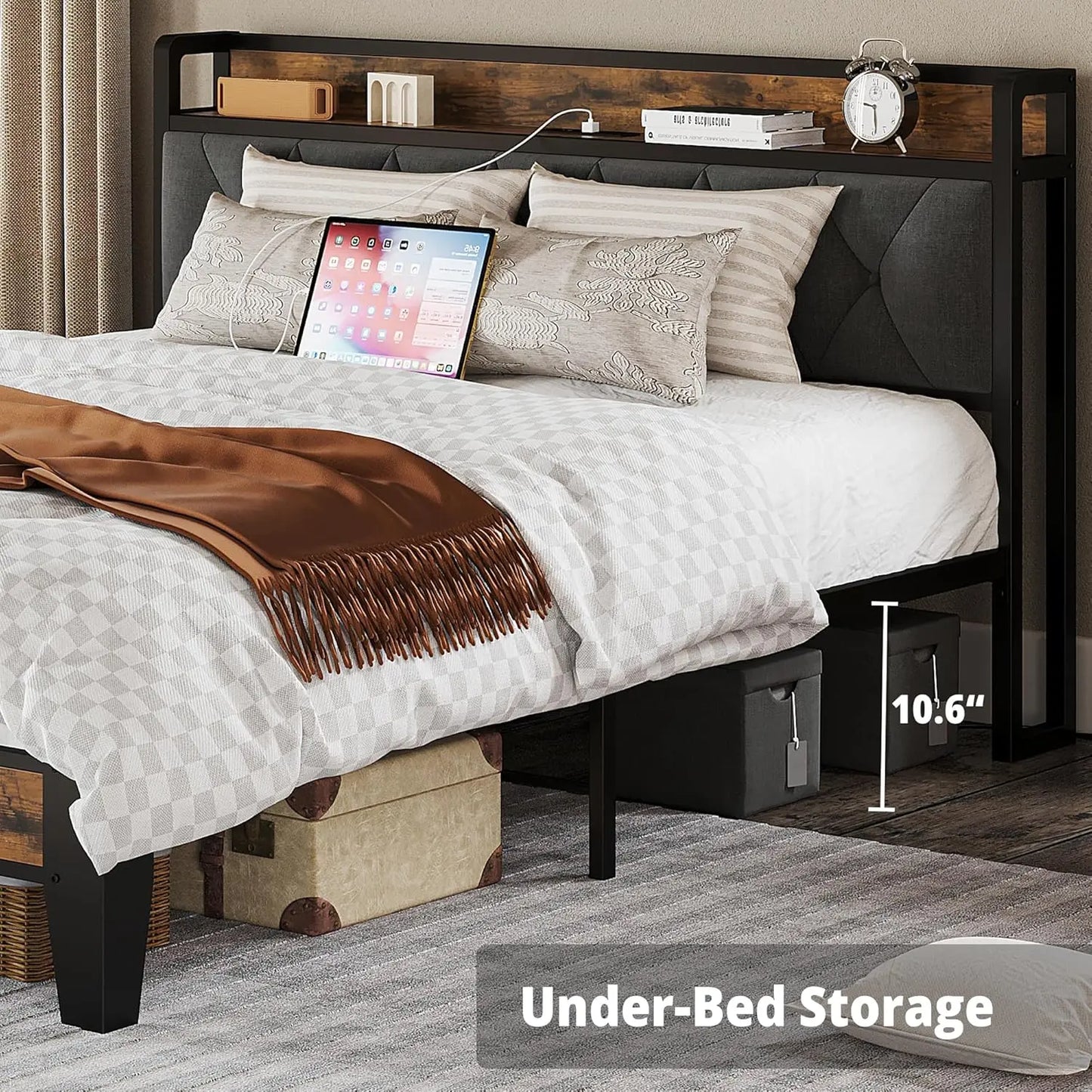 Twin/TwinXL/Full/Queen/King/California King Bed Frames, Storage Headboard with Outlets,  No Box Springs Needed