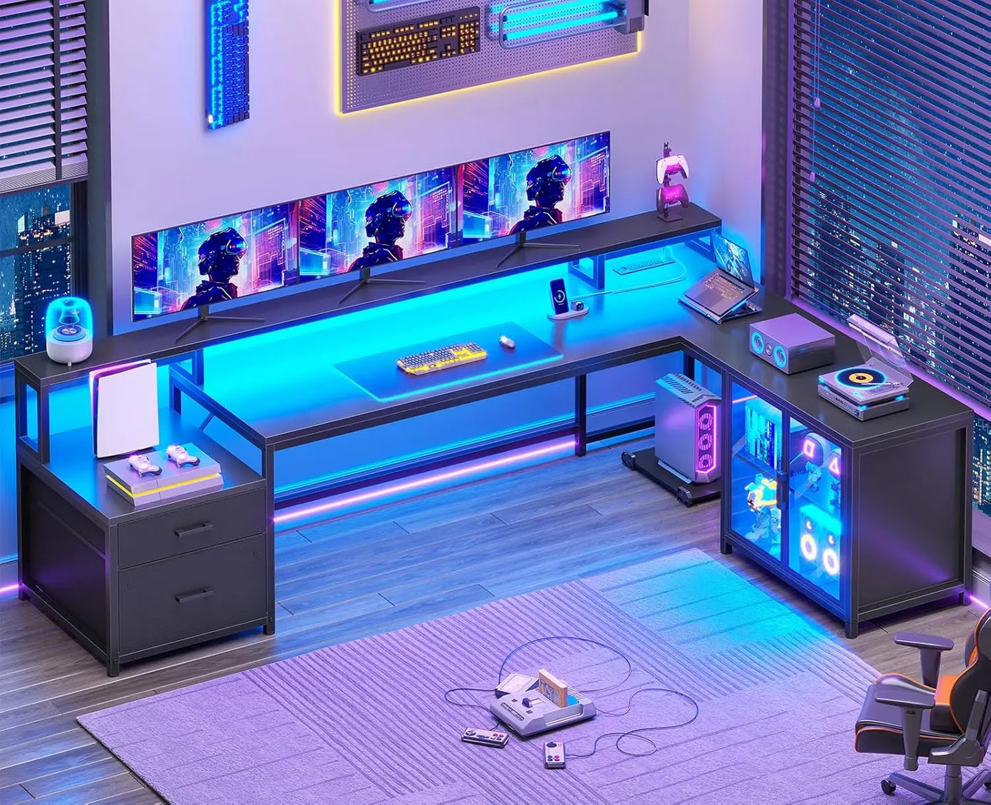 Large Computer Desk with Drawers and Power Outlet & LED Light,