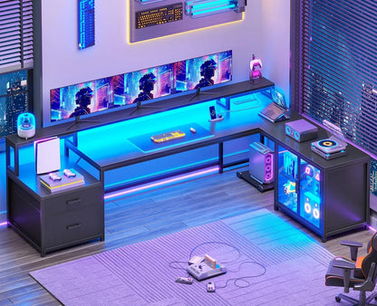 Large Computer Desk with Drawers and Power Outlet & LED Light,