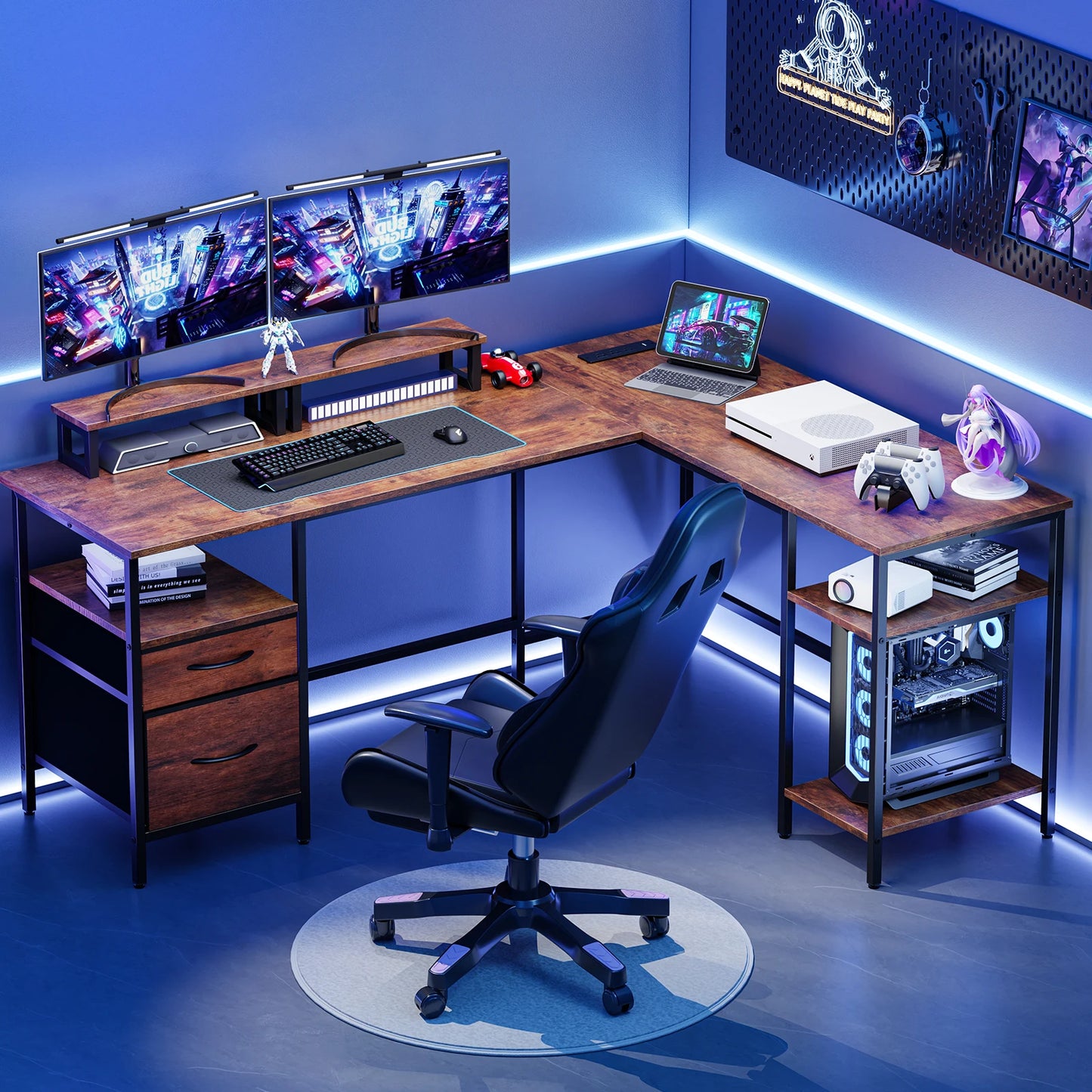 62IN L Shaped Computer Desk with 2 Drawers Wood Table with Adjustable Storage Shelves Charging Station for Desk for Office