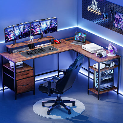 62IN L Shaped Computer Desk with 2 Drawers Wood Table with Adjustable Storage Shelves Charging Station for Desk for Office