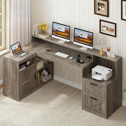 62.2" Farmhouse L Shaped Home Office Desk, Drawers, Storage Shelves & Power Outlet