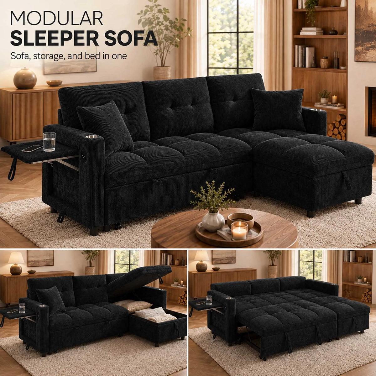 L-Shaped Sleeper Sofa with Pull Out Bed, Convertible Sectional Couch with Storage Chaise, USB/Type-C Charging and Cup Holders, Plush Chenille Modular Sofa for Living Room, Blue