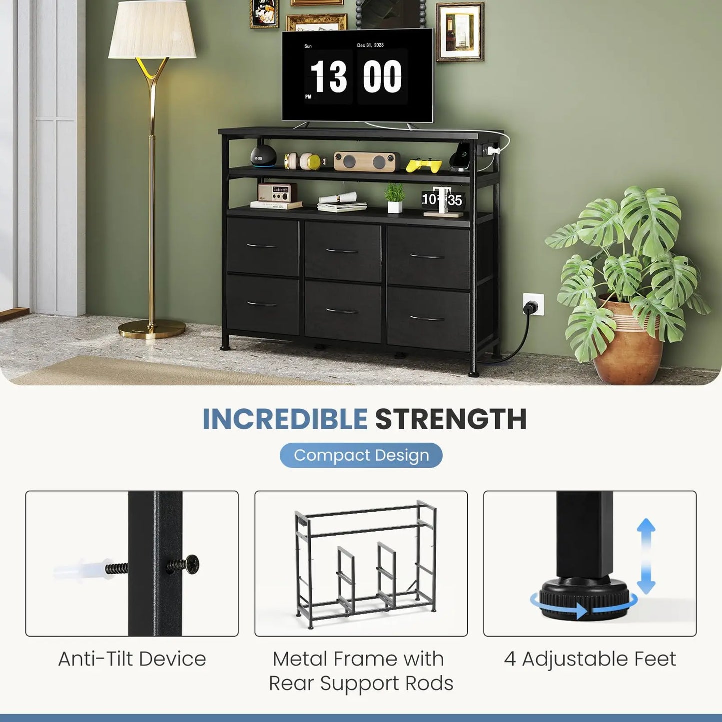 TV Stand Dresser For Living Room With 6 Fabric Drawers