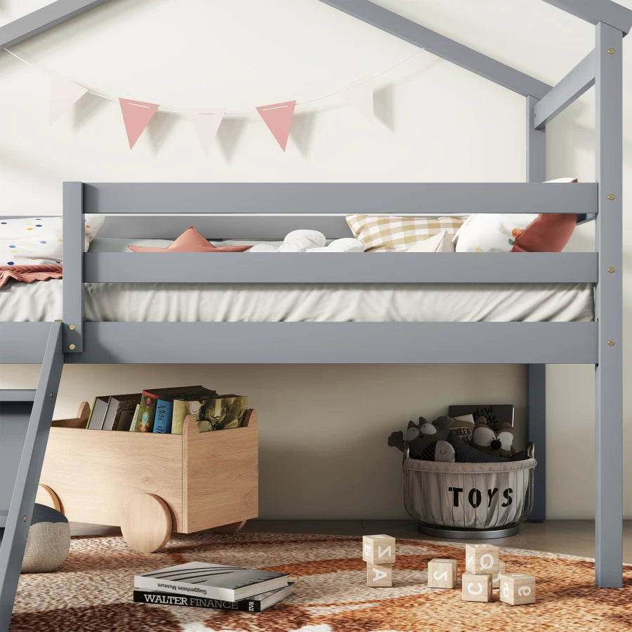 Twin Low Loft House Bed with Slide, Ladder, Safety Guardrails, House Roof Frame