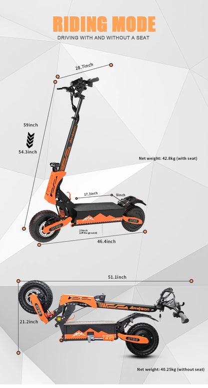 Dual Motor Electric Folding Scooter  Top Speed 46MPH,60V27AH, 11-inch Off-Road Tires