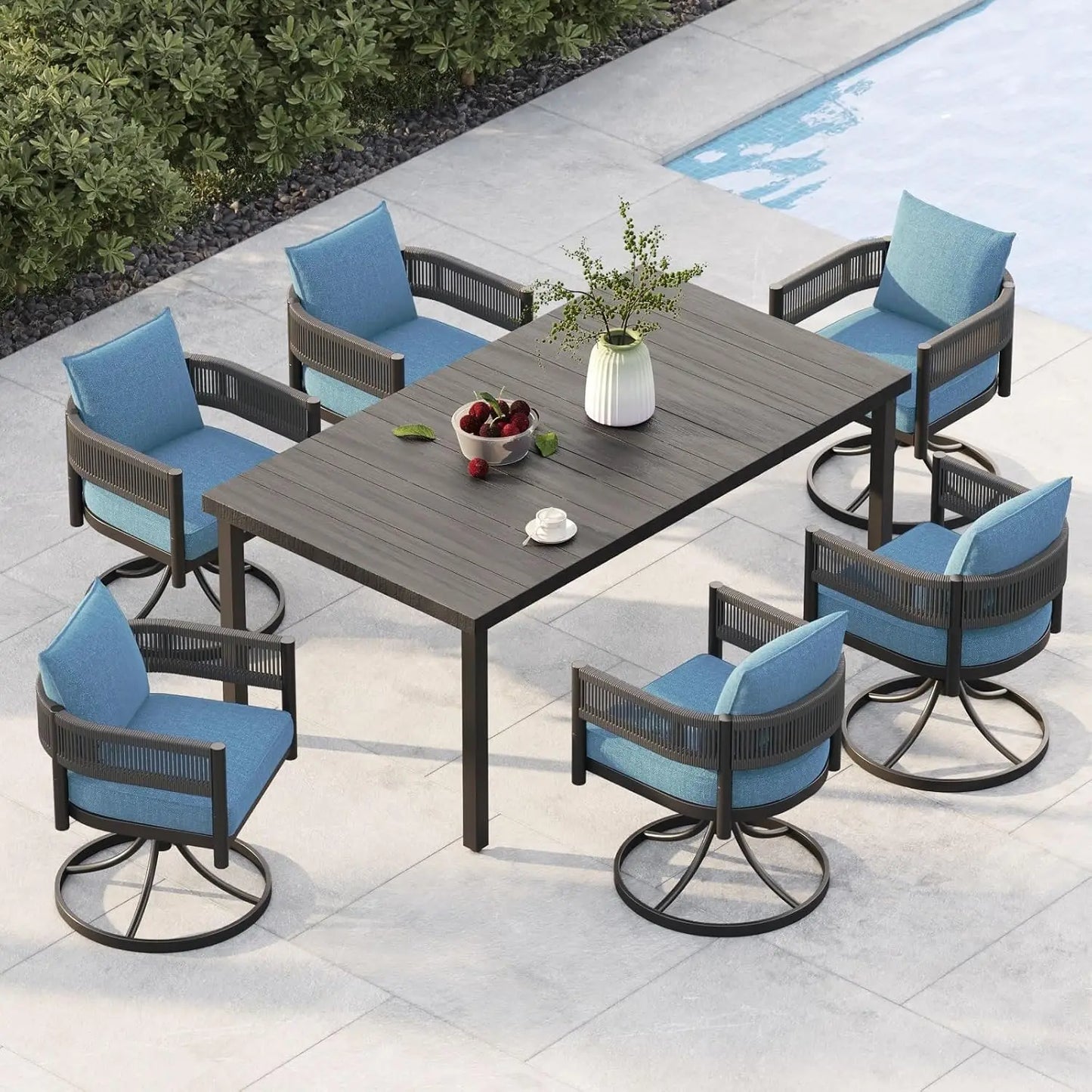 7 PCS Patio Table and Chairs Set, Metal Woven Wicker Patio Chairs with Thickened Cushions Outdoor Dining Set for 6