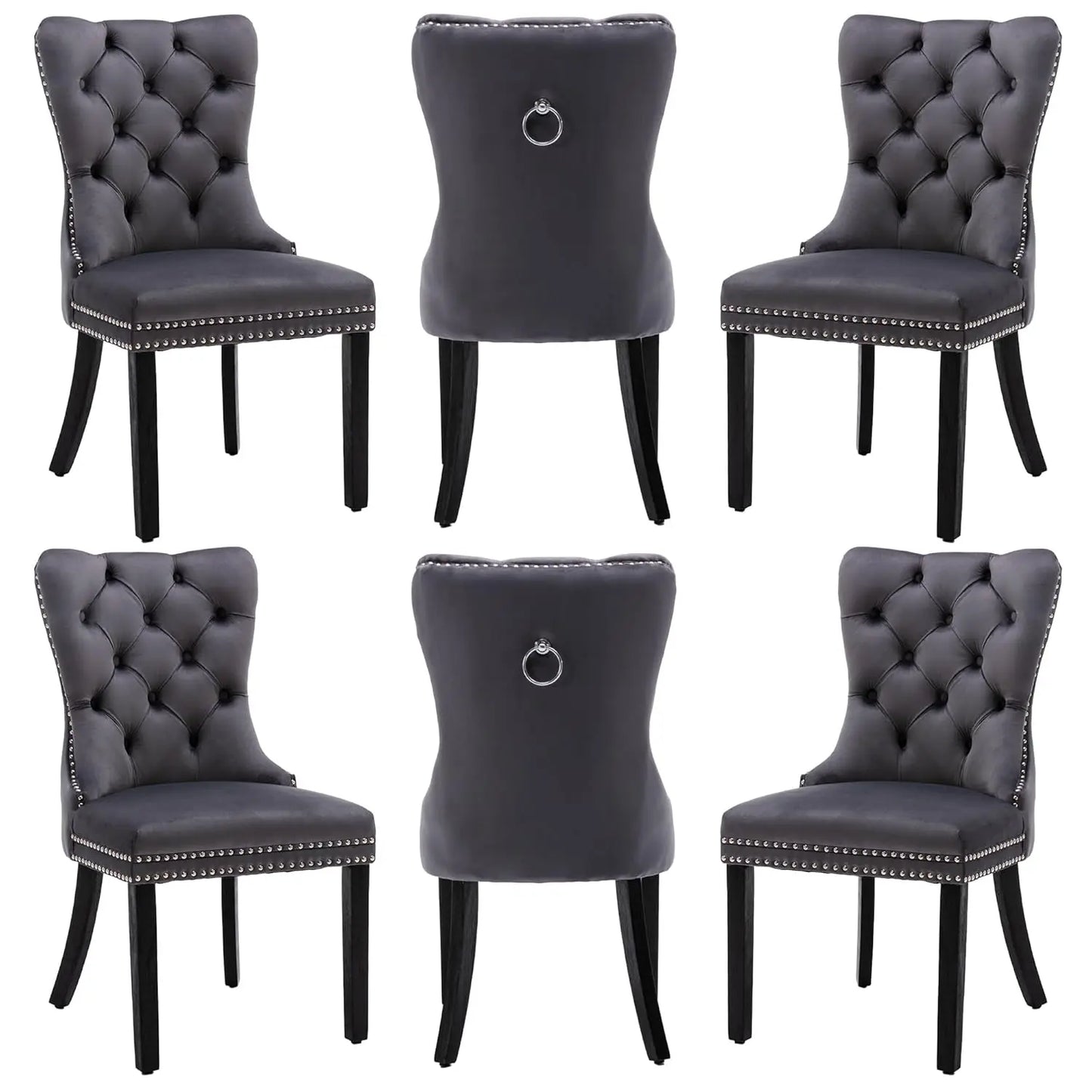 Leather Dining Chairs with Solid Wood Legs and Pull Ring, Luxury, Customized Set of 6