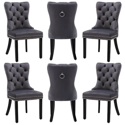 Leather Dining Chairs with Solid Wood Legs and Pull Ring, Luxury, Customized Set of 6