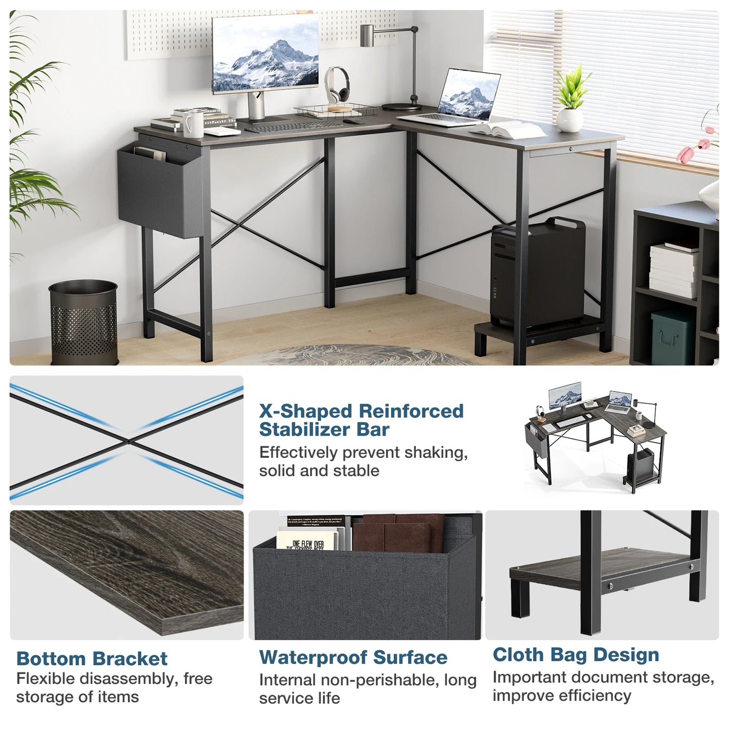 50 Inch Office PC Wooden Table with CPU Storage Shelf & Side Bag for Home Office Bedroom Small Space