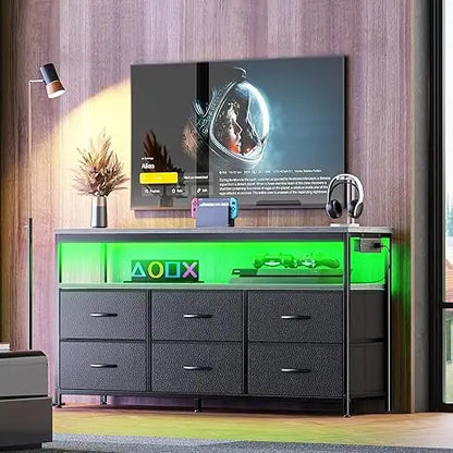63 Inch LED TV Stand with Power Outlets, Fabric Drawers TV Stand