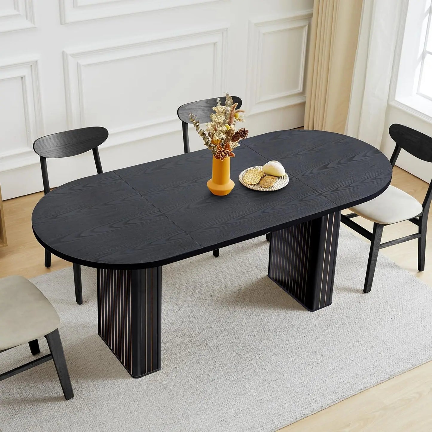 Round Fluted Base Modern Oval Expandable Kitchen Dining Table ,41-78in Seats 4-8