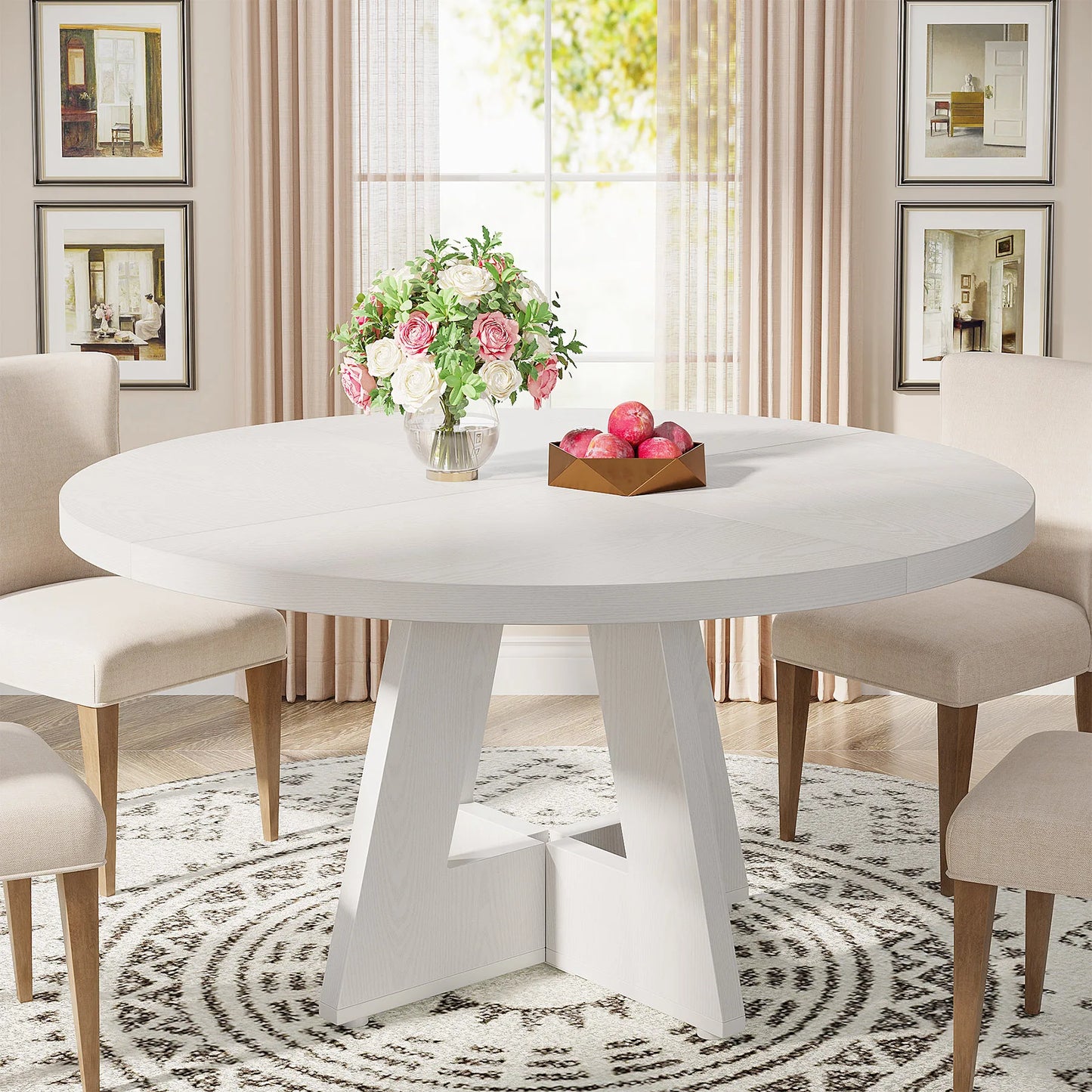 Round Dining Table for 4, 47 Inch Farmhouse Kitchen Table