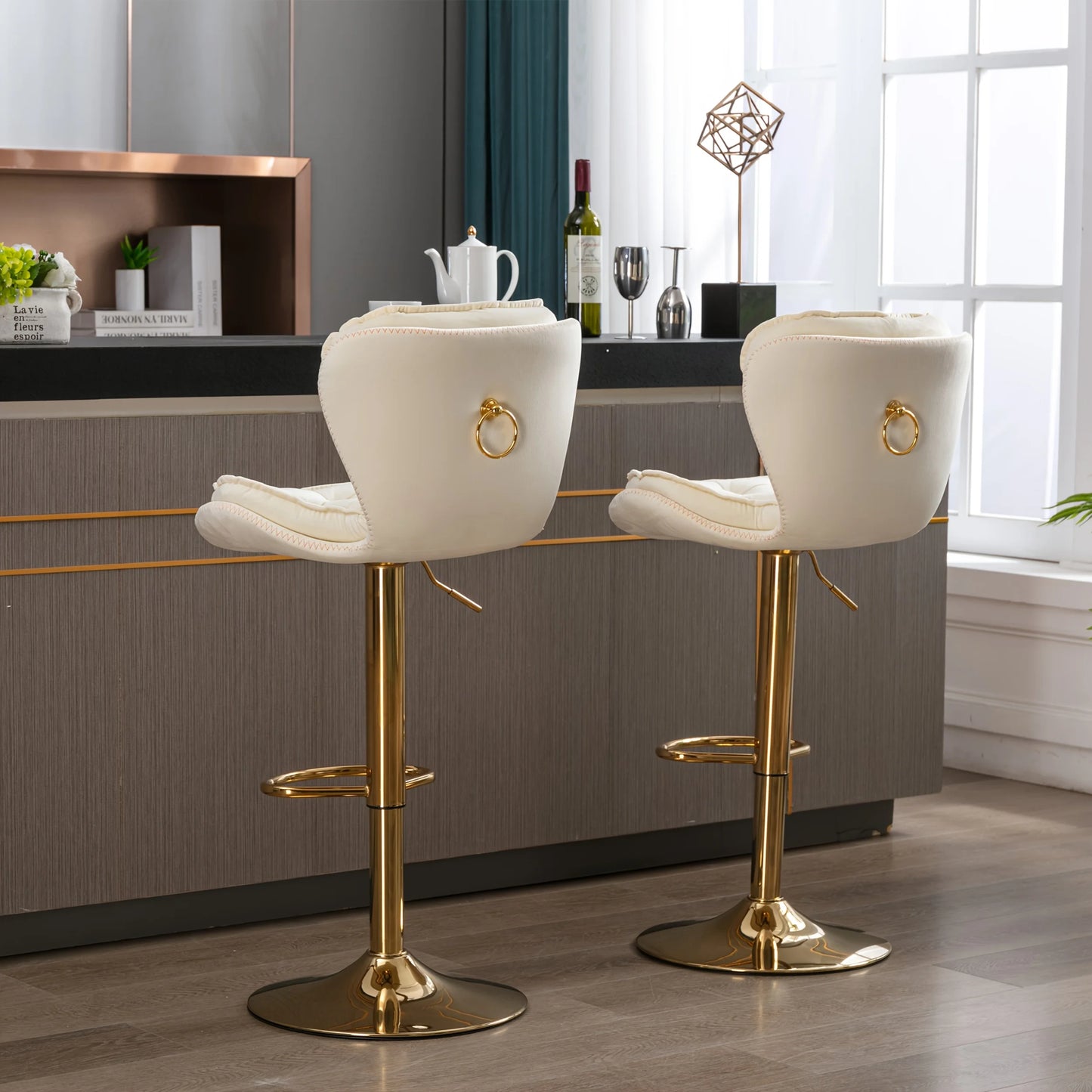 Set of 2 Modern Bar Stools Adjustable Velvet Golden Leg Upholstered Swivel Bar Stools Counter Height Bar Kitchen Island