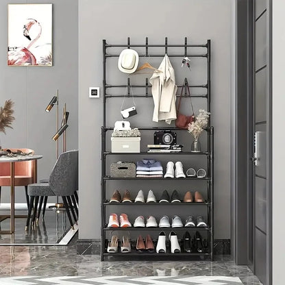 A clothes hanger and shoe rack at the entrance, used for storing shoes, clothes, jackets, hats, bags, umbrellas in the hallway