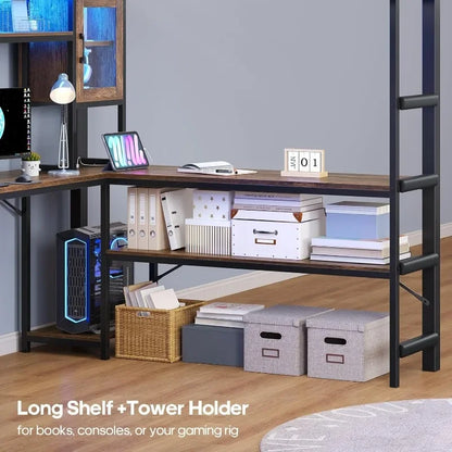 Full Size Gaming Loft Bed with Desk & Hutch, Storage Drawers, Safety Power Outlet, Metal Loft Bed Frame with RGB Lights