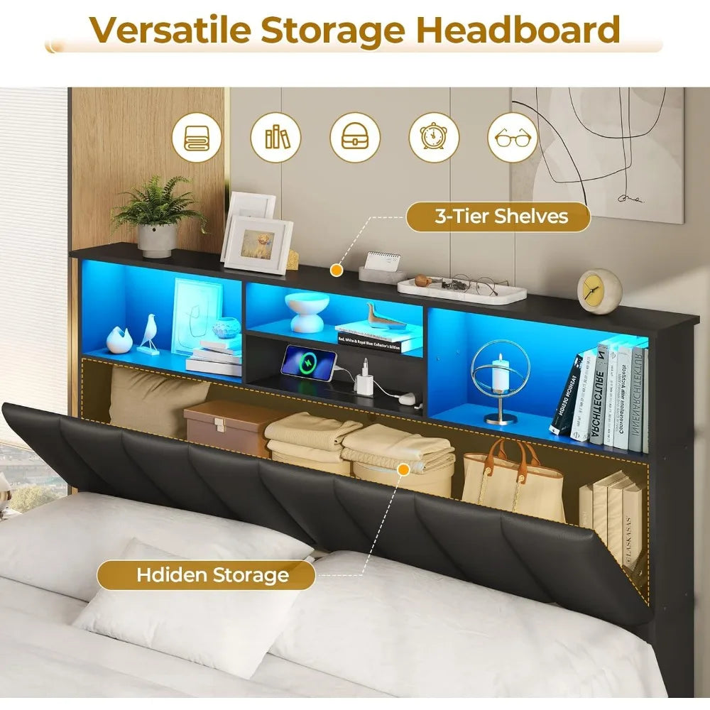 Bed Frame with Bookcase Headboard, Wooden Bed Frame with Charging Station, Storage Drawers and LED Lights, Customized