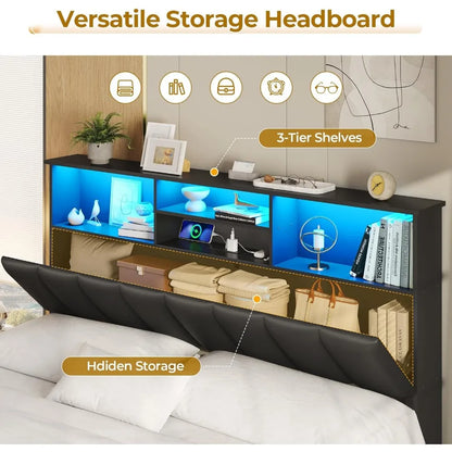 Bed Frame with Bookcase Headboard, Wooden Bed Frame with Charging Station, Storage Drawers and LED Lights, Customized