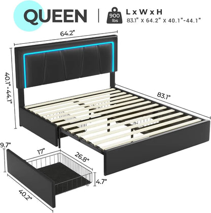 Queen Size Platform Bed  with Artificial Leather Headboard with 4 Storage Drawers Underneath