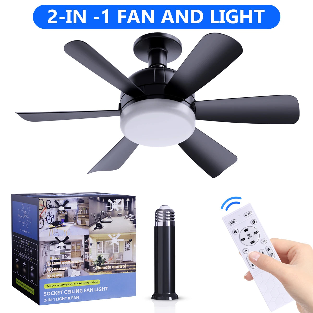 Socket LED Ceiling Fan Light E26 with Remote, Dimmable, 3 Colors, Speed Change, Suitable for Living Room, Study,