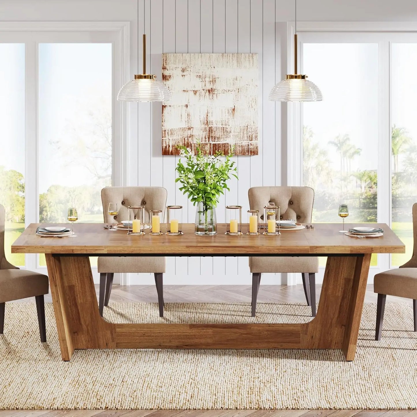 Rectangular Rustic Long  Farmhouse Kitchen Table with Solid Pedestal for Big Family