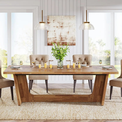Rectangular Rustic Long  Farmhouse Kitchen Table with Solid Pedestal for Big Family