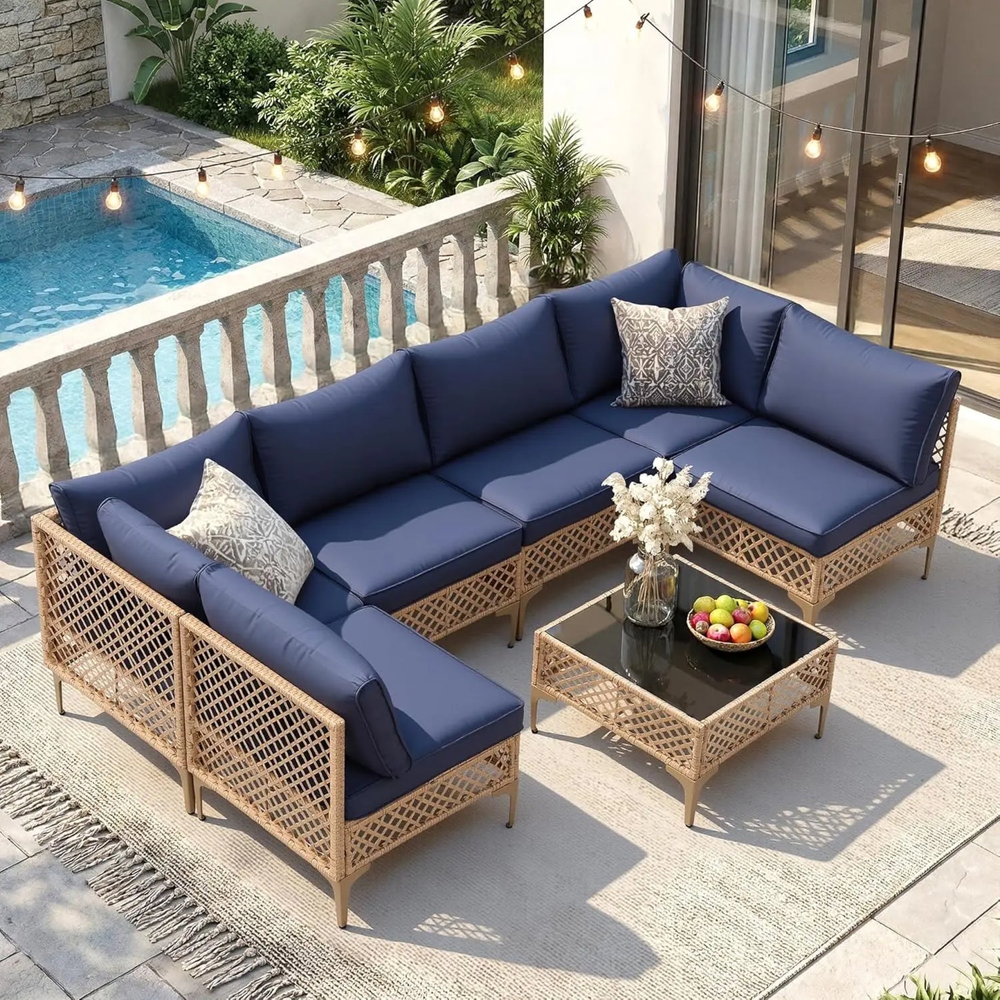 7-Piece Wicker Patio Sectional Sofa with Cushions & Glass Coffee Table for Porch Garden Backyard