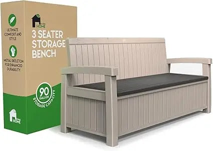 3 Seat Outdoor Storage Bench - 90 Gallon Capacity - Weatherproof Resin Bench for Patio, Porch, Garden, Yard, Pool Area -