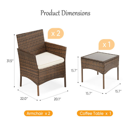 3 Piece Outdoor Patio Furniture Set Wicker Rattan Patio Chairs with Soft Cushion and Glass Table For Garden