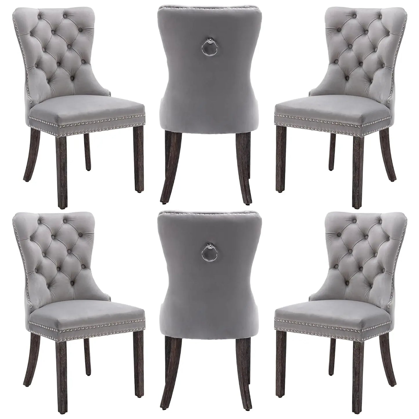 Leather Dining Chairs with Solid Wood Legs and Pull Ring, Luxury, Customized Set of 6