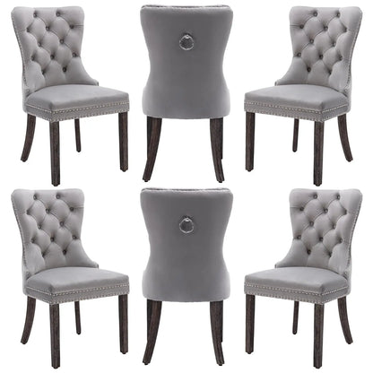 Leather Dining Chairs with Solid Wood Legs and Pull Ring, Luxury, Customized Set of 6