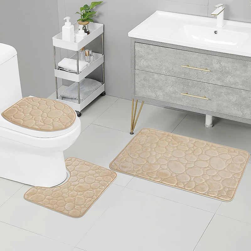 Comfortable and Soft, Three-piece Set  of Solid Color  Bathroom Non-slip Floor Mat Stone Pattern,