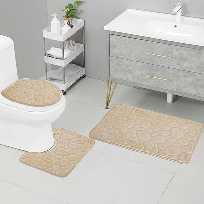 Comfortable and Soft, Three-piece Set  of Solid Color  Bathroom Non-slip Floor Mat Stone Pattern,