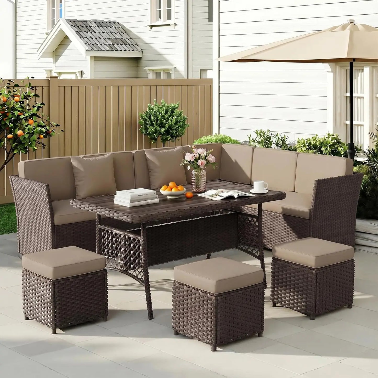 7 Pieces Patio Furniture Set, Wicker Conversation Set with Dining Table, Chairs and, Customized