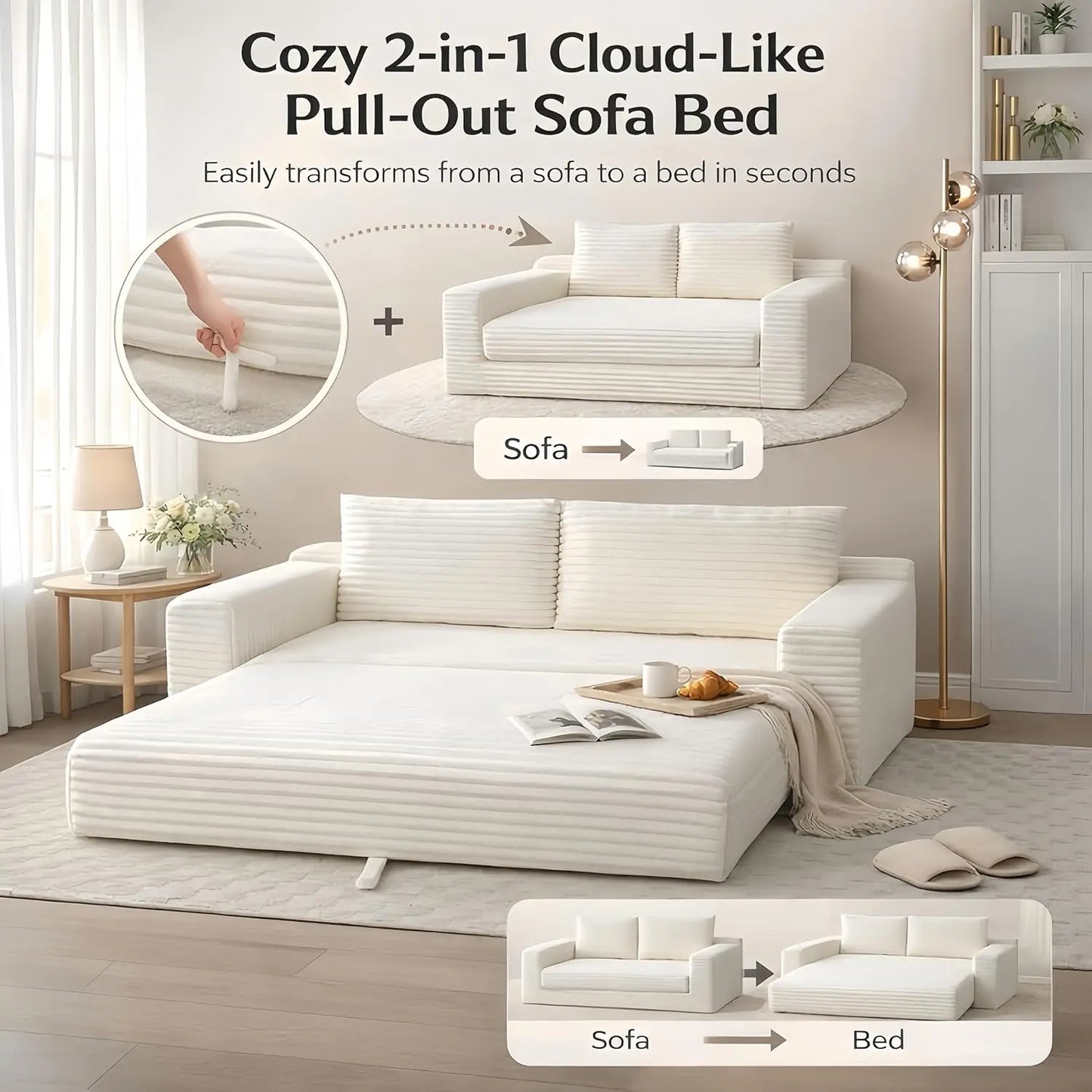73" Convertible Sleeper Sofa, Comfy Corduroy Foldable Sofa Bed with 2 Pillows, Floor Sofa Lounge Couch