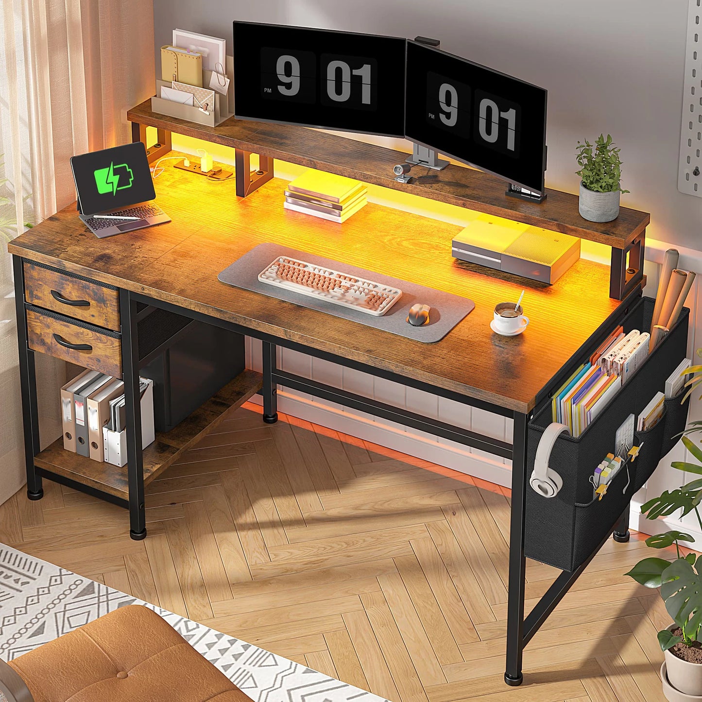 40" Home Office Desk with Power Outlets & LED Strip and Monitor Stand Computer Desk With Drawers & Storage Bag for Small Space
