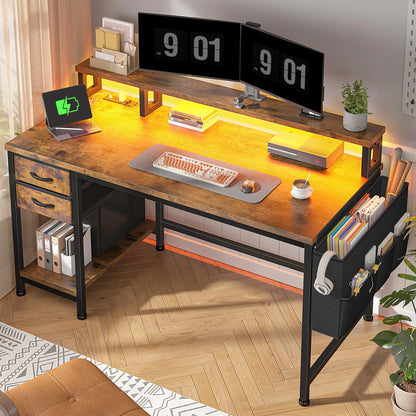 40" Home Office Desk with Power Outlets & LED Strip and Monitor Stand Computer Desk With Drawers & Storage Bag for Small Space