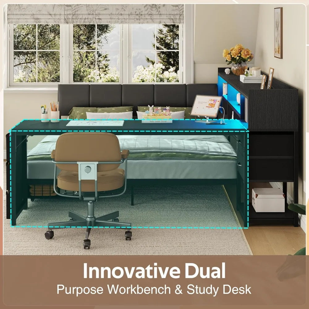 Corner Bed Frame with Storage Desk, Upholstered Headboard, 4 Drawers, 6 Bookcase, LED Lights, Charging Station, Black