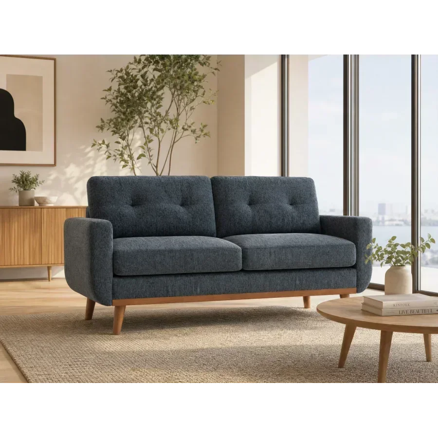 Mid-Century Modern Upholstered Tufted Loveseat Sofa With Wooden Legs