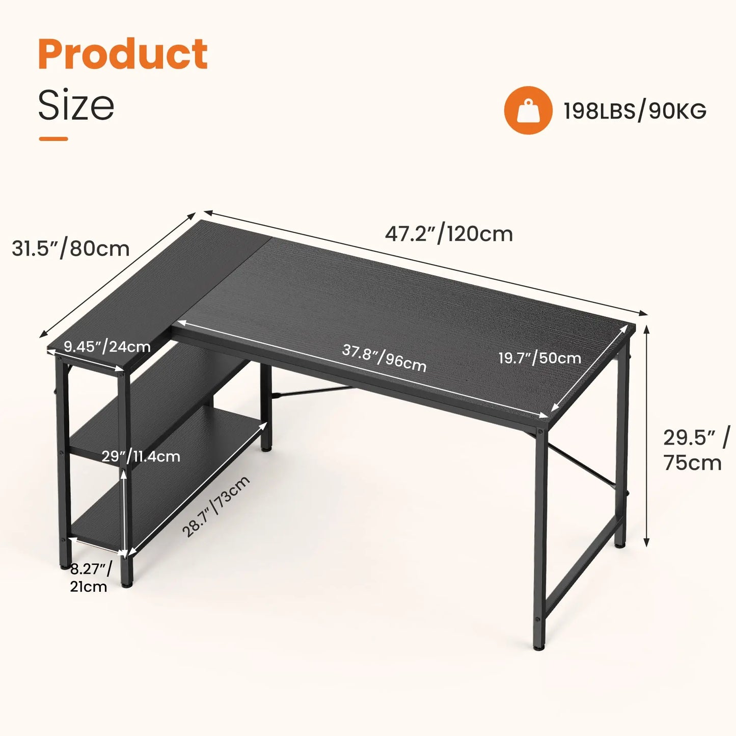 L Shaped Desk 47 Inch Computer Desk Gaming  Home Office PC Table with Reversible Storage Shelves