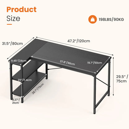 L Shaped Desk 47 Inch Computer Desk Gaming  Home Office PC Table with Reversible Storage Shelves