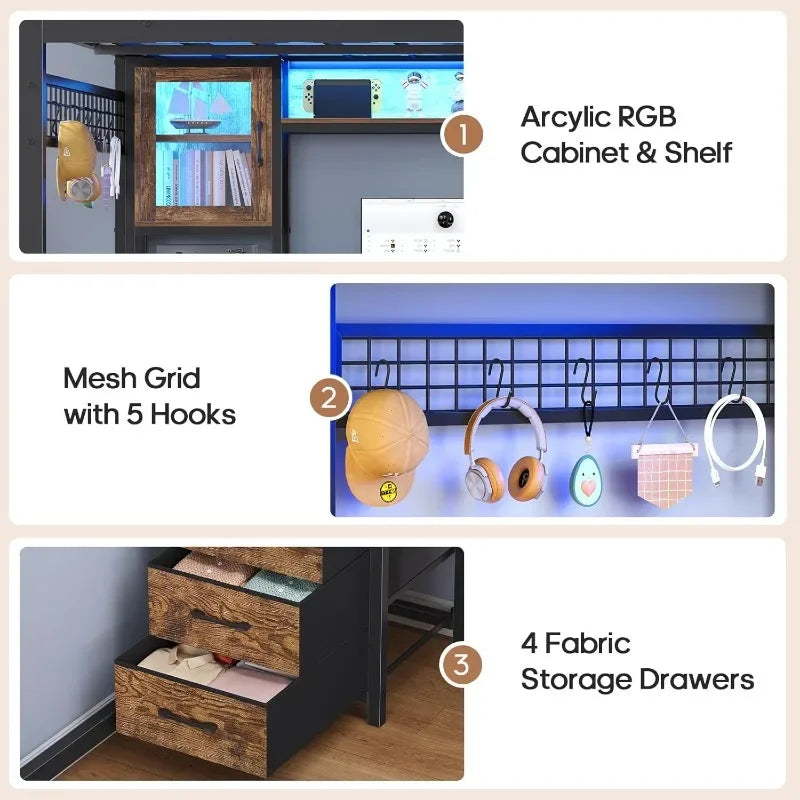 Full Size Gaming Loft Bed with Desk & Hutch, Storage Drawers, Safety Power Outlet, Metal Loft Bed Frame with RGB Lights