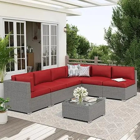 Black Rattan Wicker Sectional  Outdoor Patio Furniture Sofa Set  with Glass Top Table and Cushions (Red)