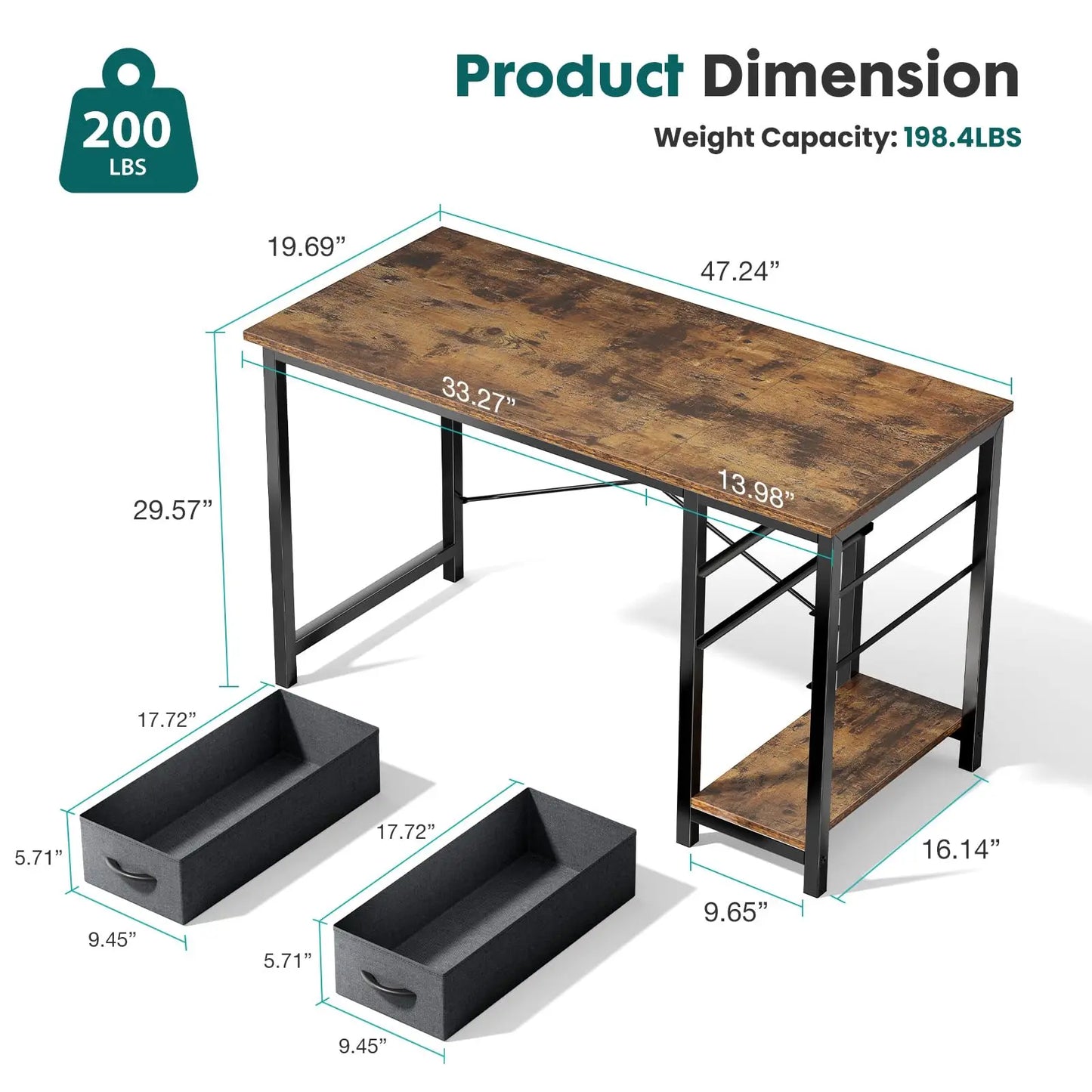 47IN Computer Desk with 2 Drawers For Study Wood Table with Adjustable Position Drawers Modern Work Table for Office or Gaming
