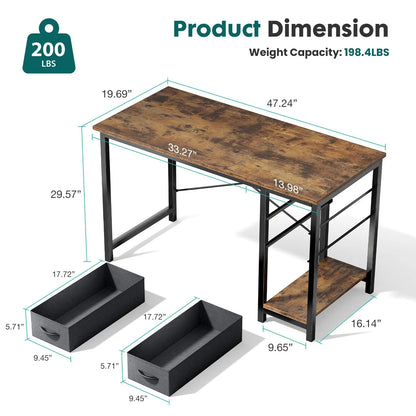 47IN Computer Desk with 2 Drawers For Study Wood Table with Adjustable Position Drawers Modern Work Table for Office or Gaming