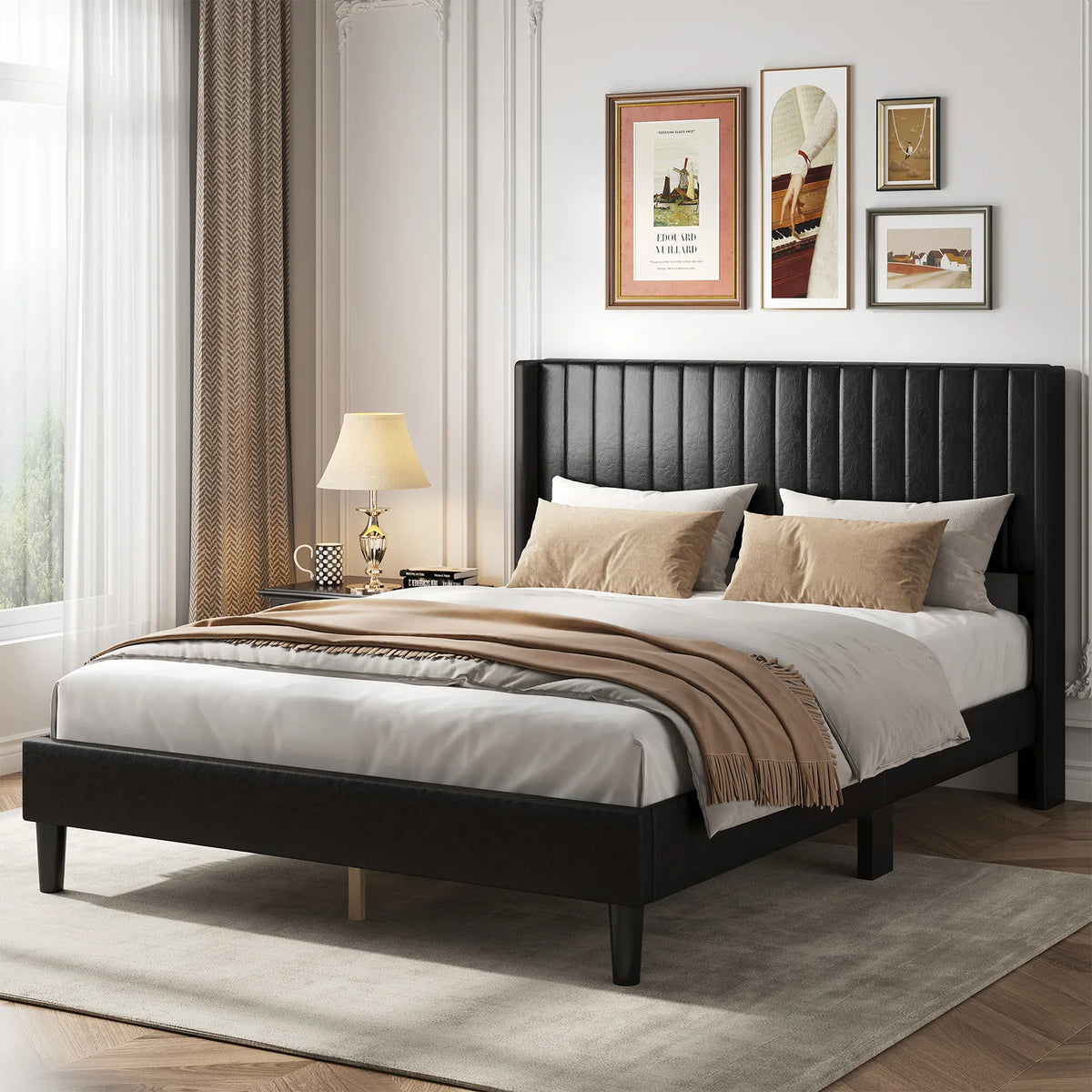 Basic Upholstered Platform Bed Frame with Modern Wingback Headboard Wooden Slats 800lbs Capacity No Box Spring Needed Easy Assembly For Bedroom