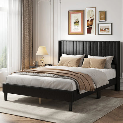 Basic Upholstered Platform Bed Frame with Modern Wingback Headboard Wooden Slats 800lbs Capacity No Box Spring Needed Easy Assembly For Bedroom