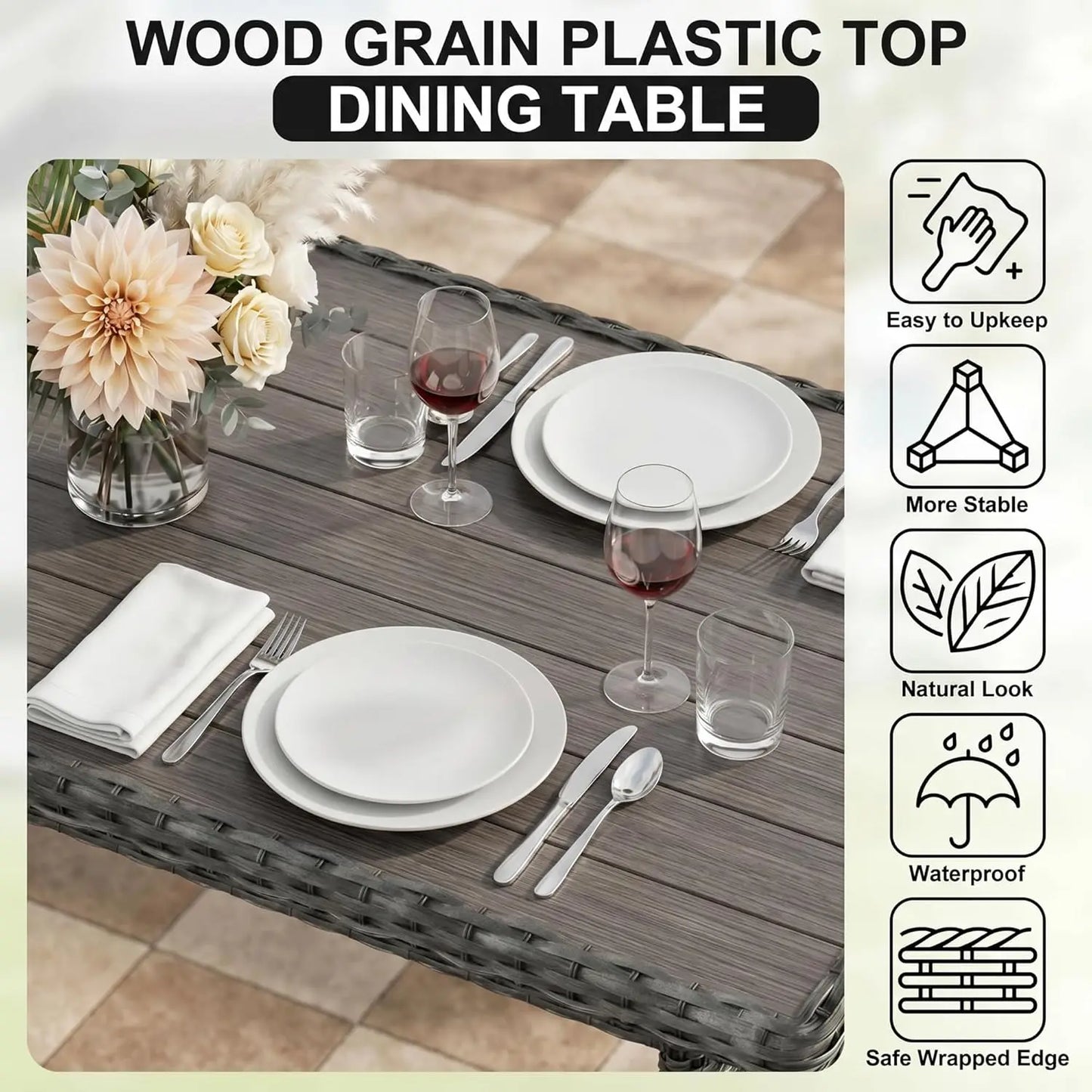 7 Pieces Patio Furniture Set, Wicker Conversation Set with Dining Table, Chairs and, Customized
