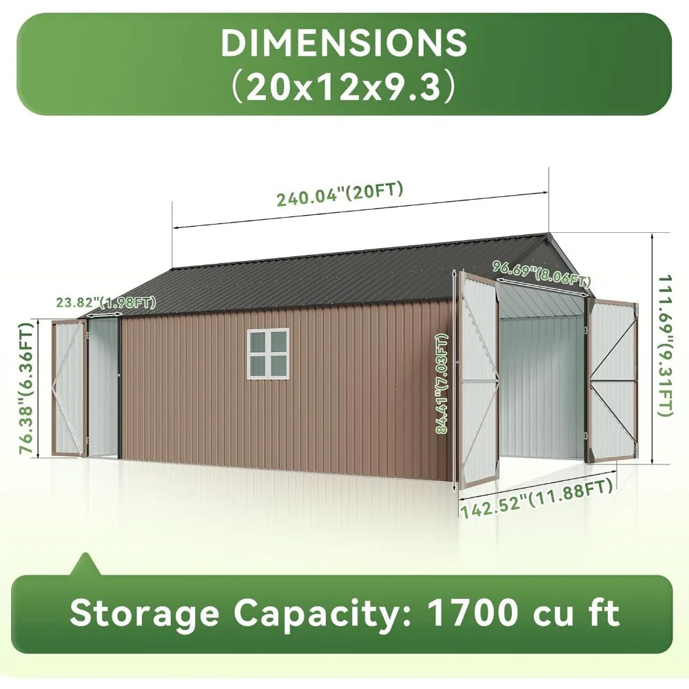 Large 12x20x9.3 FT Metal Storage Shed  with Double Doors, Side Door & Windows, Heavy Duty All-Weather Outdoor Garden